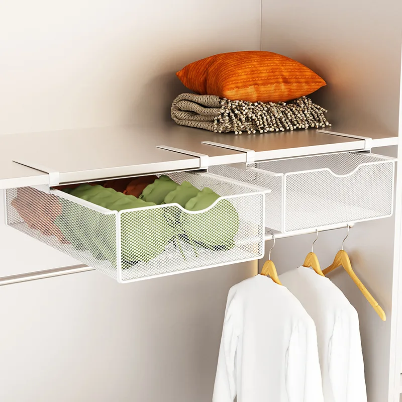 Closet Hanging Basket Drawer Style Storage Rack with Pull-out Partition, Underwear Socks Artifact, Clothes Storage Hanging Style