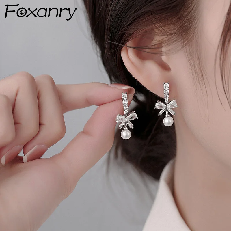 Foxanry Sparkling Zircon Pearl Bowknot Stud Earrings For Women Girls Trendy Gentle Sweet Prevent Allergy Wedding Bride Jewelry