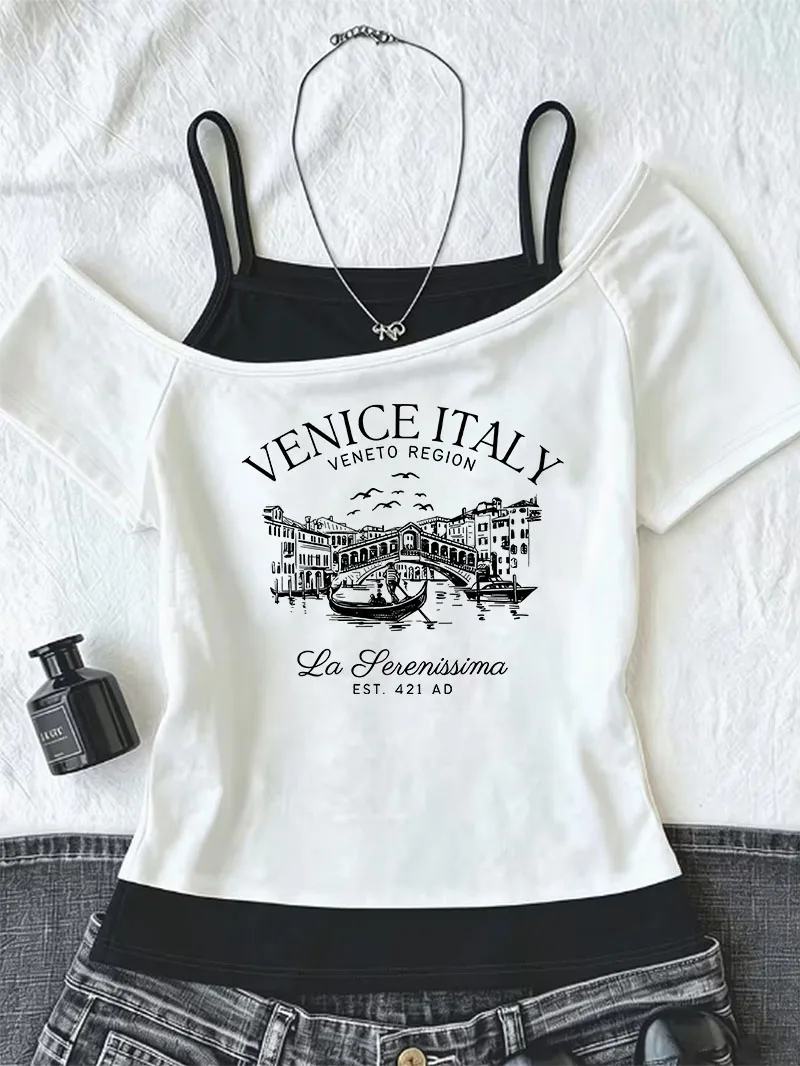 Retro-Venedig-Italien-Buchstaben-T-Shirt, Damenmode-T-Shirt, schulterfreies 90er-Jahre-Harajuku-Grafik-T-Shirt, schickes Mädchen-T-Shirt, Y2k-Oberteil, T-Shirt
