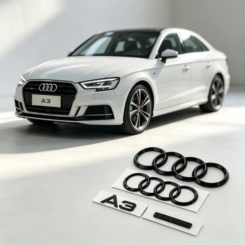 Image of 2 Stück Audi 4-Ring Logo Emblem Aufkleber für Vordere Motorhaube & Hinteren Kofferraum ABS Schwarz Auto-Emblem für Modelle 2010-2020