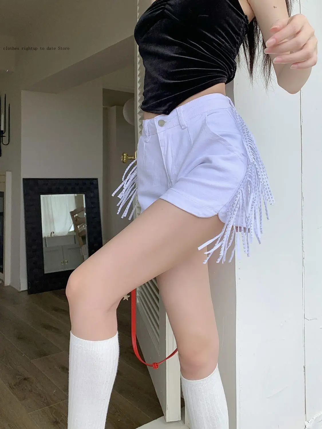 High Waisted Hot Pants with Tassels and Diamonds Casual Denim Shorts Women's Personality European and American Trendy Pants