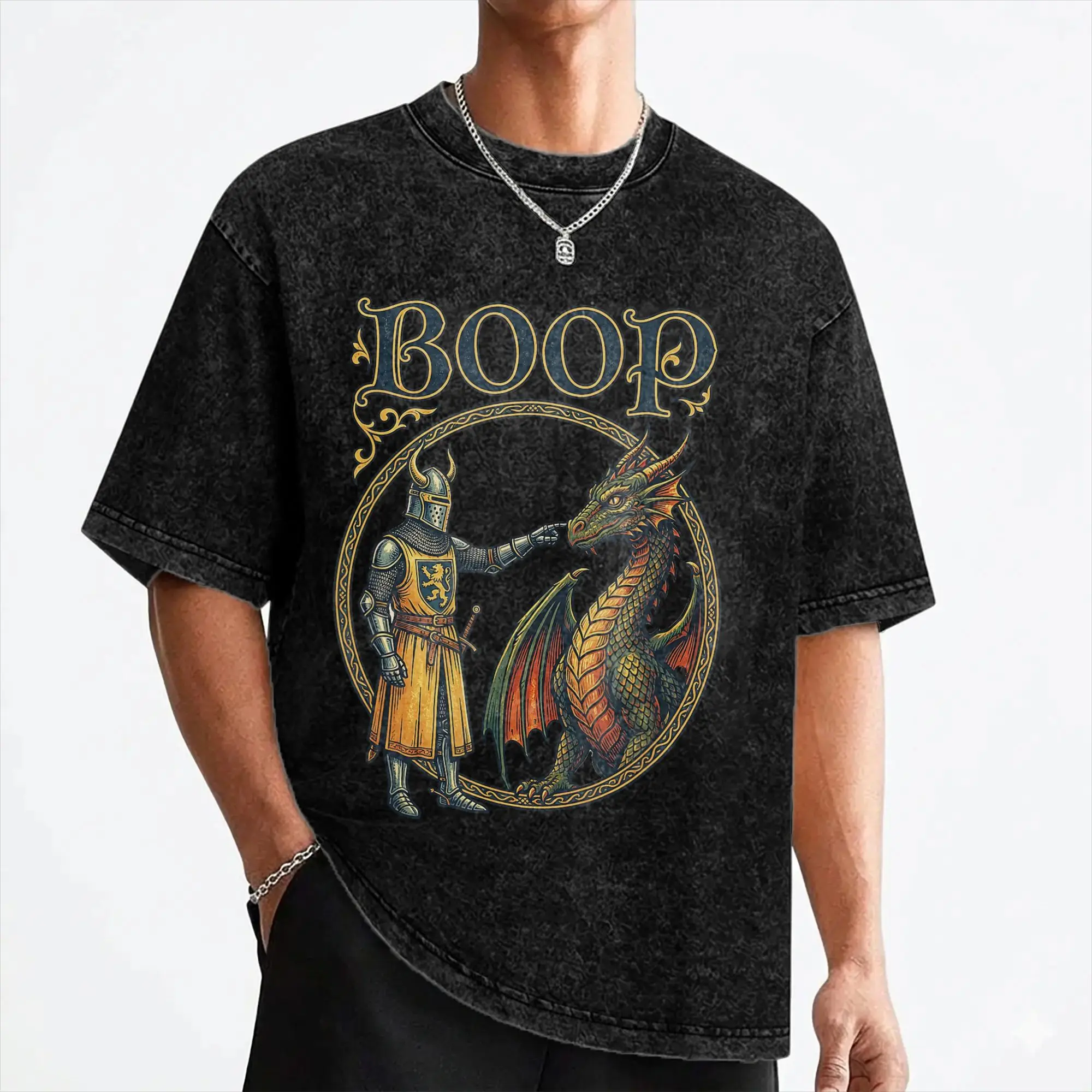 Le Boop Medieval Knight Dragon T Shirts Washed Short Sleeve Harajuku T-Shirt  Vintage for Men Women Streetwear Graphic Tops Tees