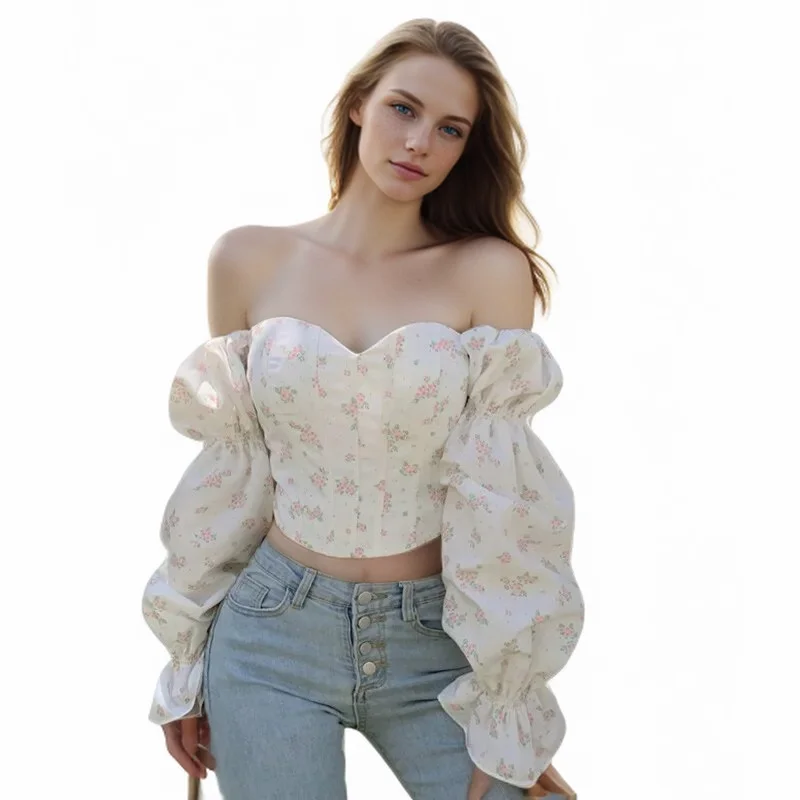 Women\'s Floral Off Shoulder Ruffle Trim Puff Long Sleeve Tube Crop Blouse Shirt Top