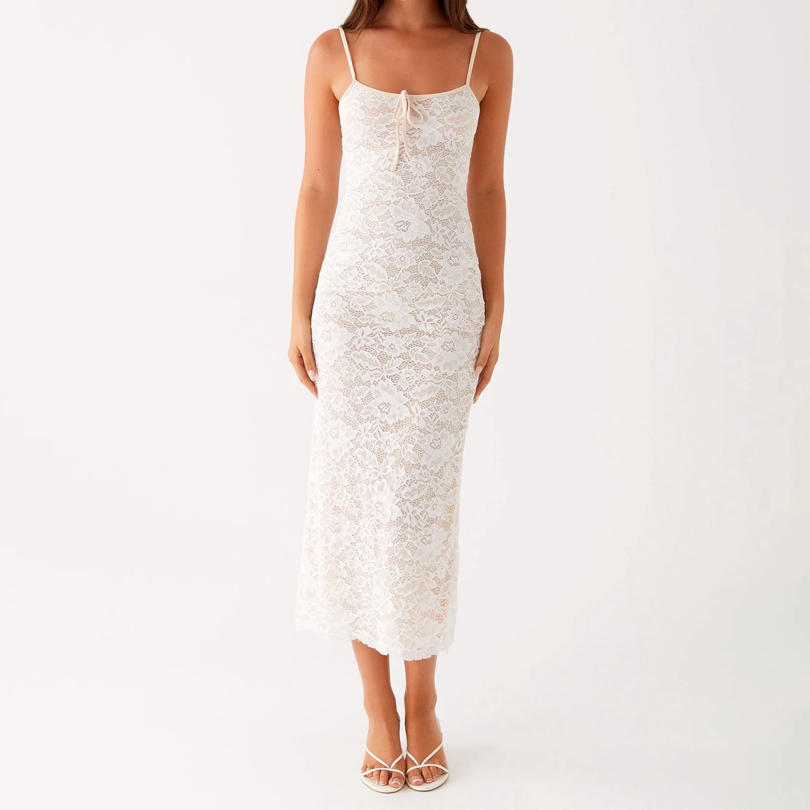 Women Elegant Long Dress Lace Flower Tie-Up Front Cami Dress Summer Fashion Lady Sexy Sleeveless Bodycon Party Dress Sundress