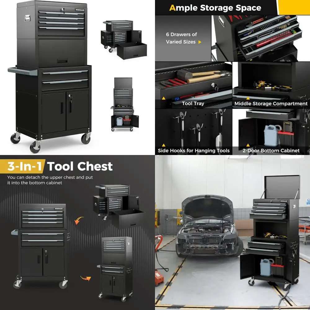 Очень большой шкаф для хранения инструментов с 6 ящиками и универсальными запираемыми колесами, автоматическим замком, защитной подкладкой, конструкцией 3-в-1 для Ultima