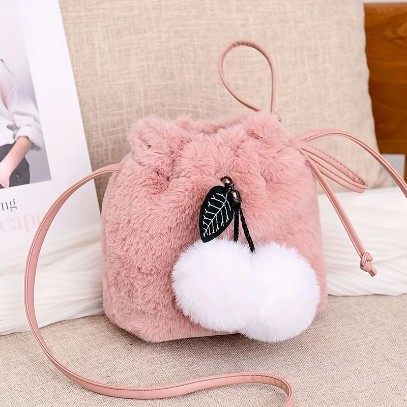 Cute Plush Bucket Bag for Women Mini Faux Fur Crossbody Bag Kawaii Fluffy Shoulder Purses for School Shopping Traving