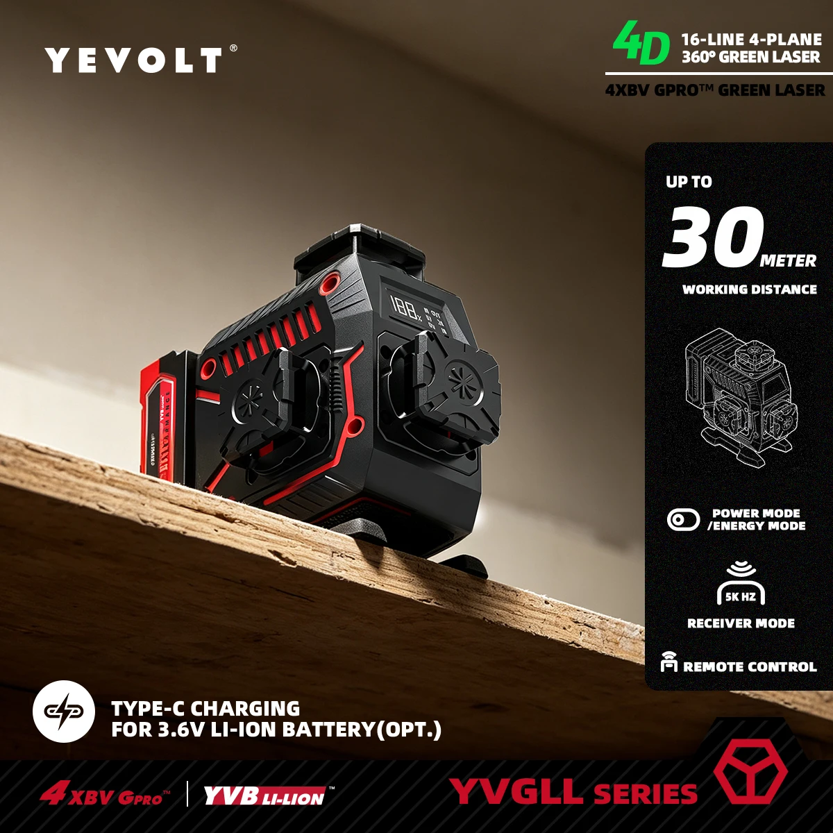 Professional Cross Line Laser Level 4x360° Surround Green Beams with ±4° Compensation Adjustable Laser Shield 1/4