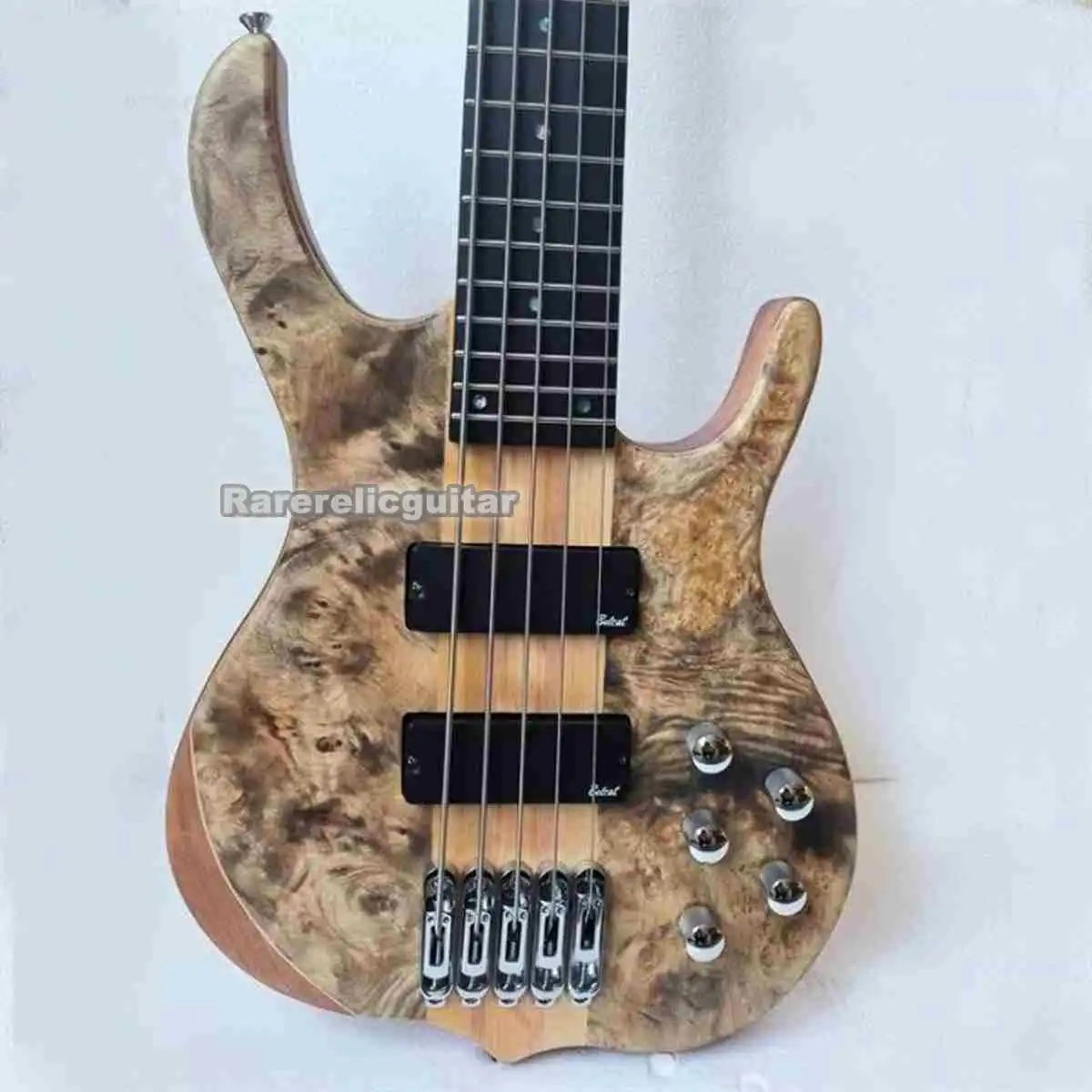 Smith Neck Through Body 5 Strings  Electric Bass Guitar Mahogany Body Spalted Maple Top, Active Pickusp 9V Battery Box