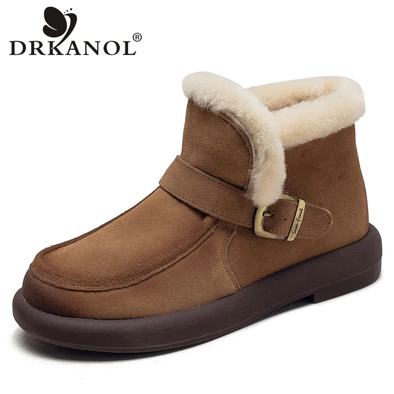 

DRKANOL 2024 Classics Snow Boots Women Winter Warm Fur Shoes Quality Cow Suede Leather Flat Heel Retro Style Short Ankle Boots