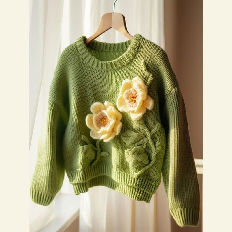 2025 nueva moda hermosa prendas de punto industria pesada suéter de flores verdes chaqueta mujer Otoño Invierno nuevo estilo Jersey Top