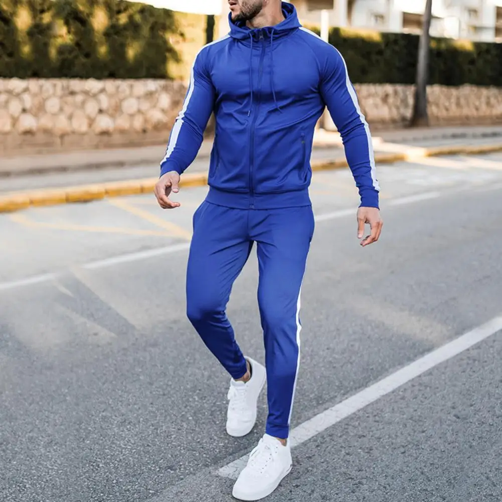 2Pcs/Set Drawstring Long Sleeve Multi Pockets Zipper Placket Hoodie Pants Set Men Autumn Striped Patchwork Slim Tracksuit Outfit