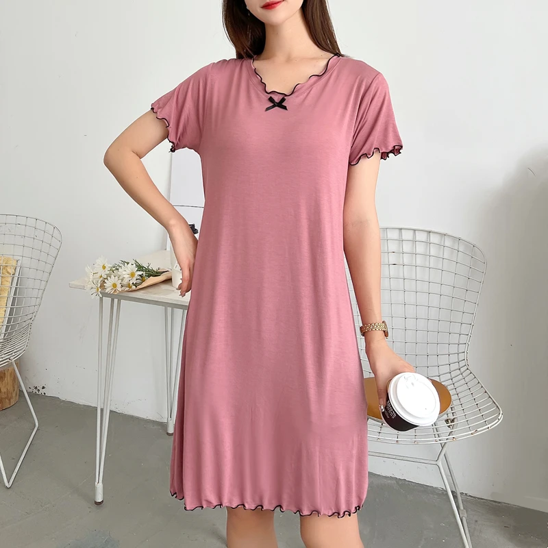 فستان نوم فضفاض من المودال للنساء، قميص نوم صيفي بمقاسات كبيرة، فستان منزلي بأكمام قصيرة وياقة على شكل V، تنورة متوسطة الطول ...