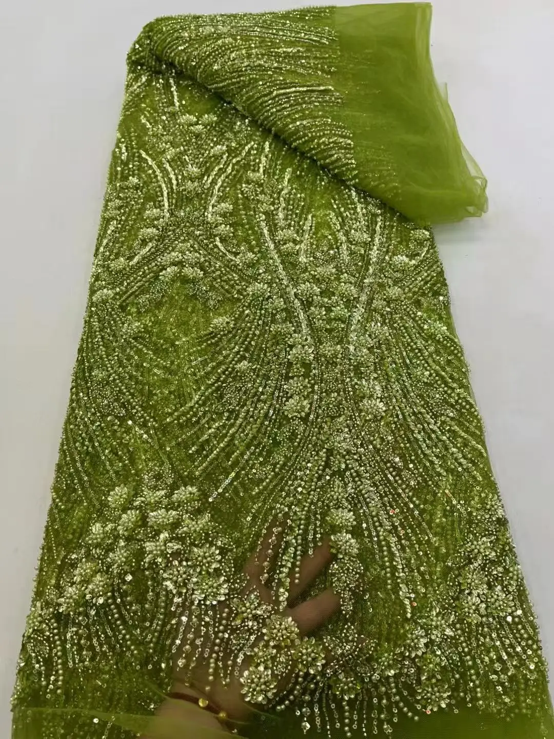 

Luxury High Quality Fashion African Sequins Tulle Embroidered Groom Lace Fabric Beaded Sequins Lace Fabric For Nigerian Wedding