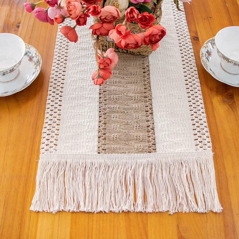 Ourwarm Table Runner Cotton Linen Stripe Splicing Woven Tassel Natural TV Cabinet Table Flag Dining Table Wedding Decor