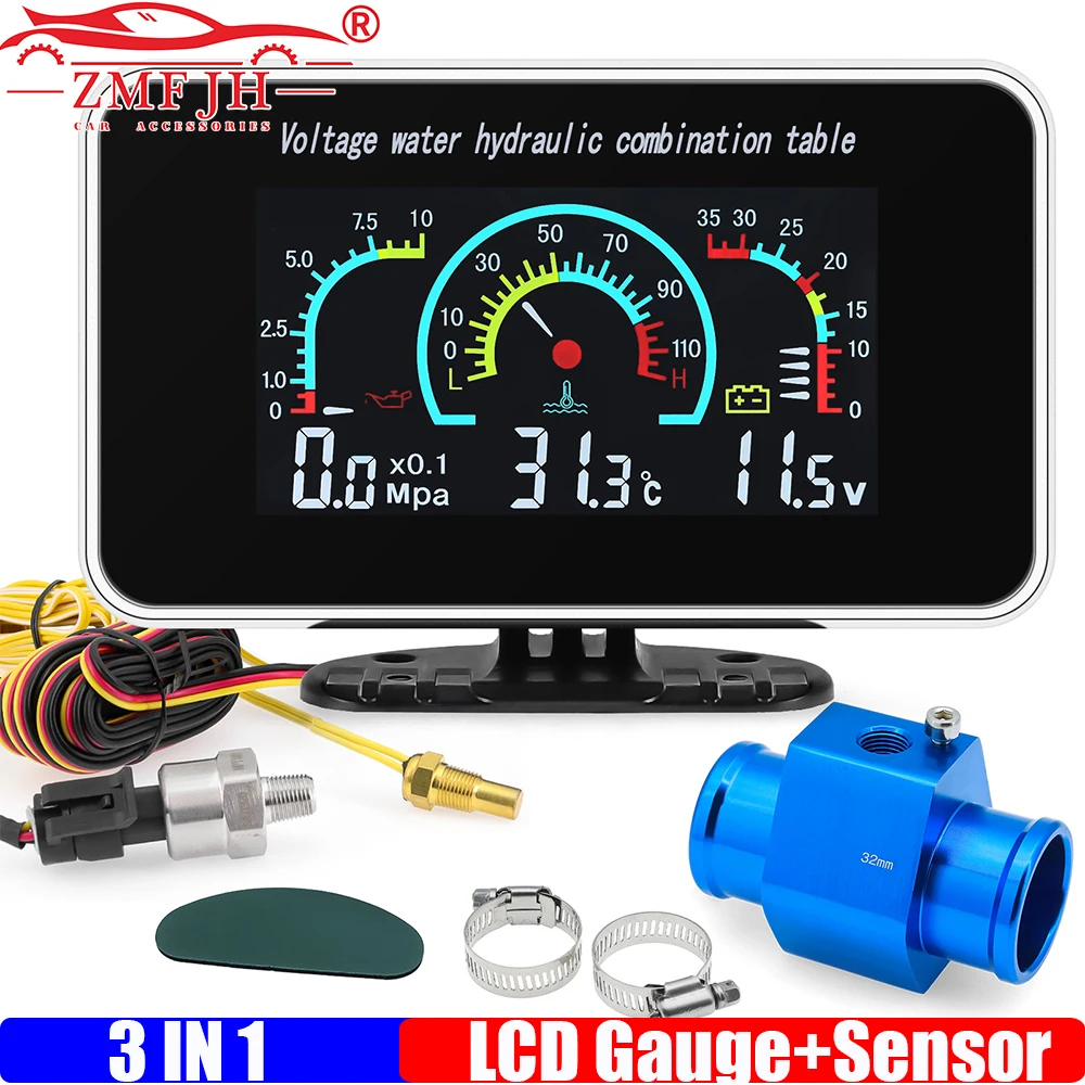 

ZMFJH Multi LCD Gauge 3IN1 Oil Pressure Gauge+Water Temp Meter+Voltmeter with Temp Joint Pipe Sensor 26mm-40mm for Car 12V 24V