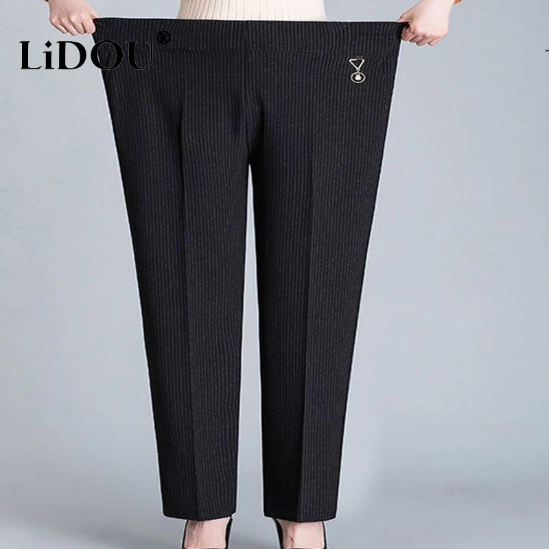 Spring Autumn Fashion Trend Striped Plus Size Trousers Women Oversized Simple Loose Pockets Plaid Lady Pants 8XL Female Clothes