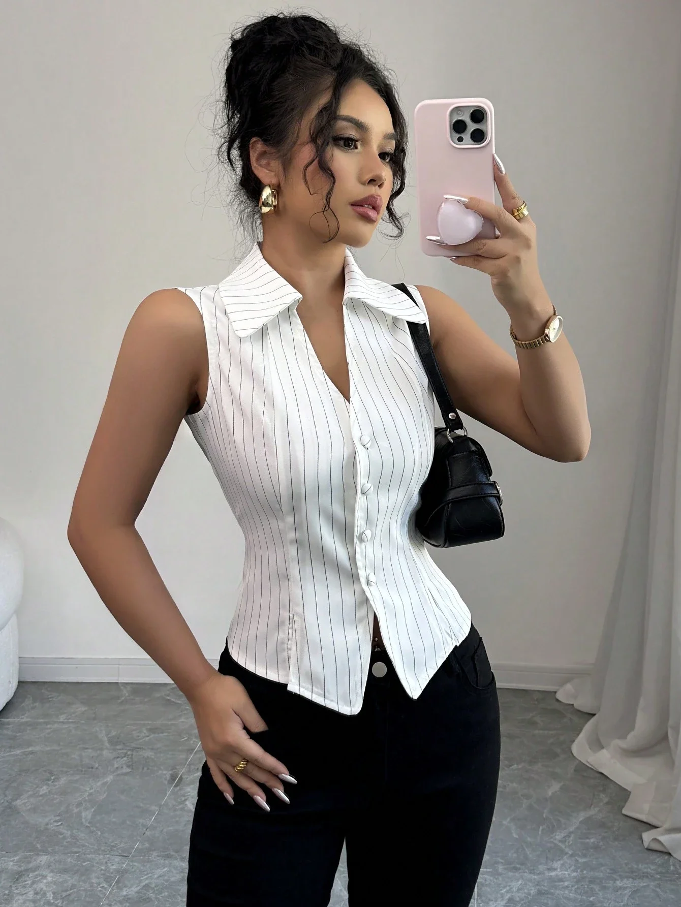 

Women's Sleeveless Striped Blouse V-Neck Button Front Split Hem Casual Office Chic