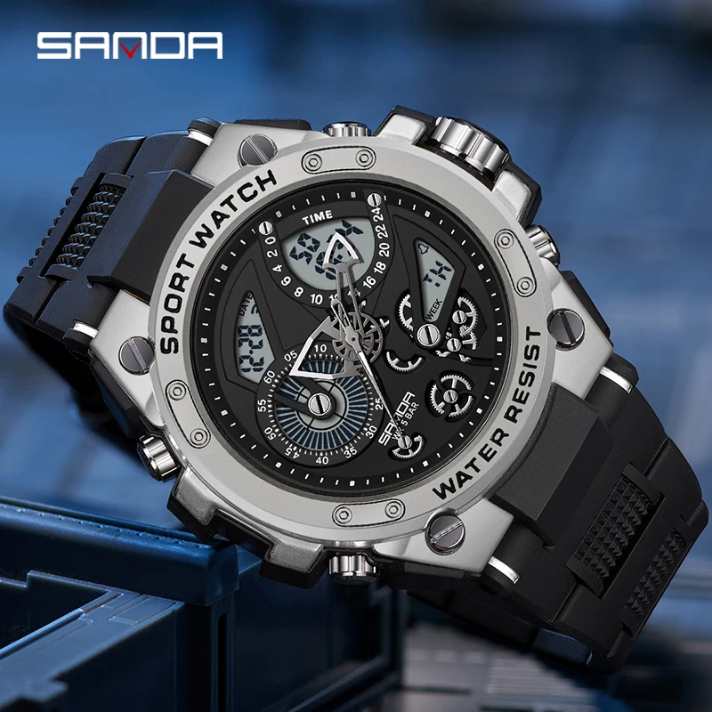 

Sanda Men's Watch Electric Watch Multi-Function Fashion Trend Outdoor Luminous Alarm Clock Waterproof Shockproof Men Watch 9020