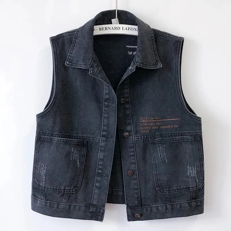 

Black Short Denim Vest Sleeveless Jacket Spring 2023 Korean Style Women Loose Waistcoat Fashion Jeans Gilet Coat Female Vintage