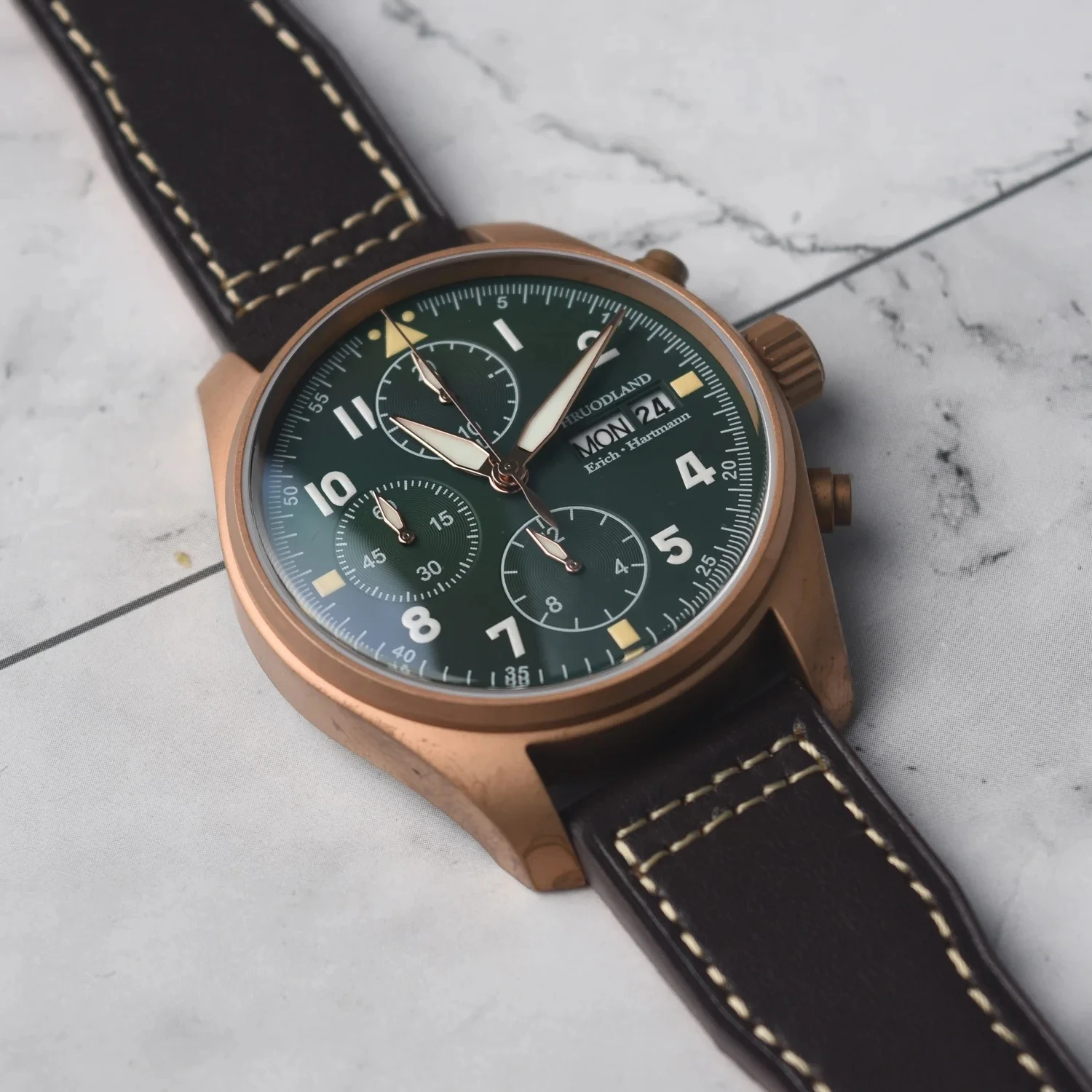 Hruodland 2024 Solid Bronze Multifunction Quartz Men‘’s Watches F007Q 6S00 Leather waterproof Chronograph Pilot watches for men