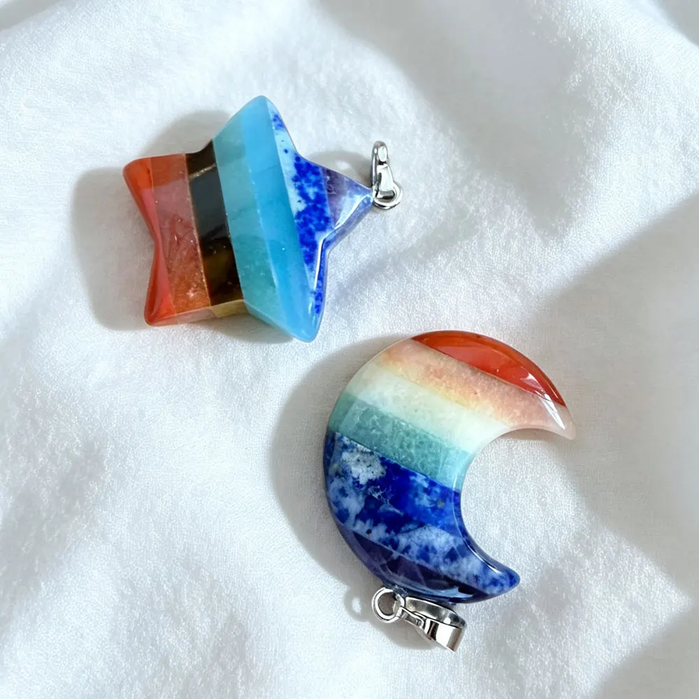 Original 7 Chakras Pendant Star Half Moon Round Natural Stone Crystal Charms  Healing Women Man Meditaion Jewelry Making X475