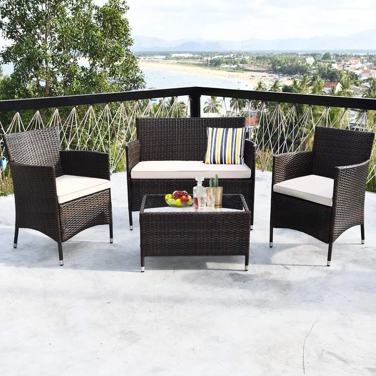 8PCS Patio Rattan Conversation Set, Outdoor Wicker Set with Tempered Glass Coffee Table &Thick Cushion, Rattan Chair Wicker Set