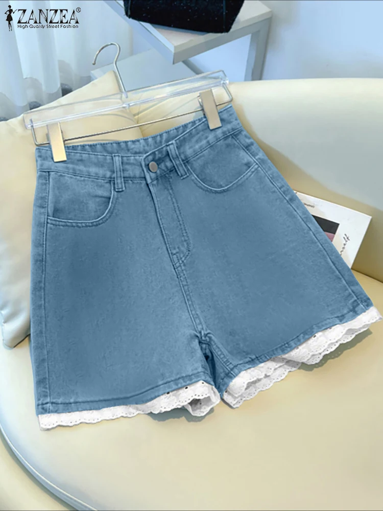 ZANZEA, pantalones cortos tipo mezclilla con ribete de encaje a la moda para mujer, pantalones cortos con cremallera de Color sólido, ropa informal diaria de verano 2025, pantalones para mujer