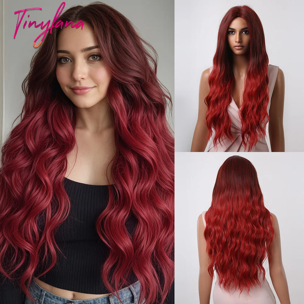 Curly Long Ombre Red Wavy Synthetic Wig Middle Part for Women Red Colored Cosplay Lolita Wig Party Natural Hair Heat Resistant