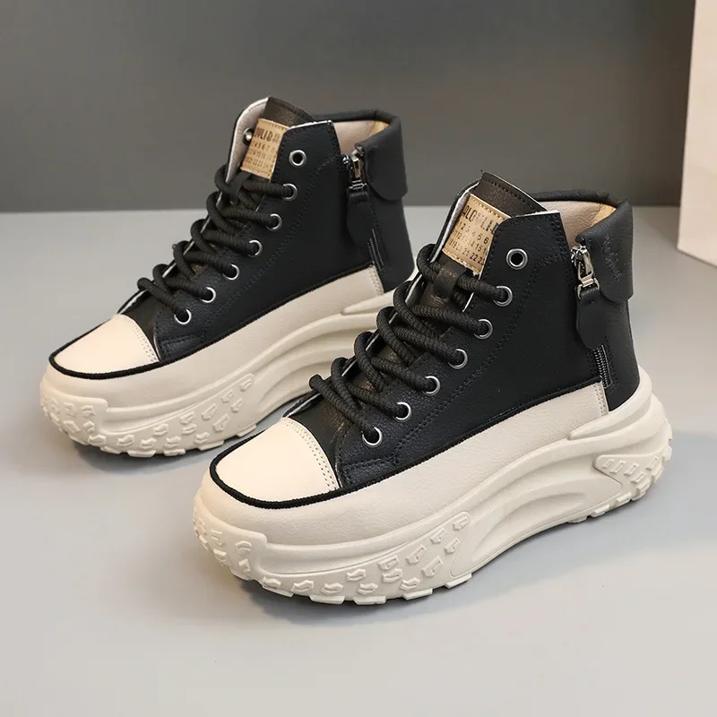 Women's Leather High Top Casual Shoes, Women's 2024 Autumn and Winter New Fashionable Breathable Thick Soled Retro Sports Shoes