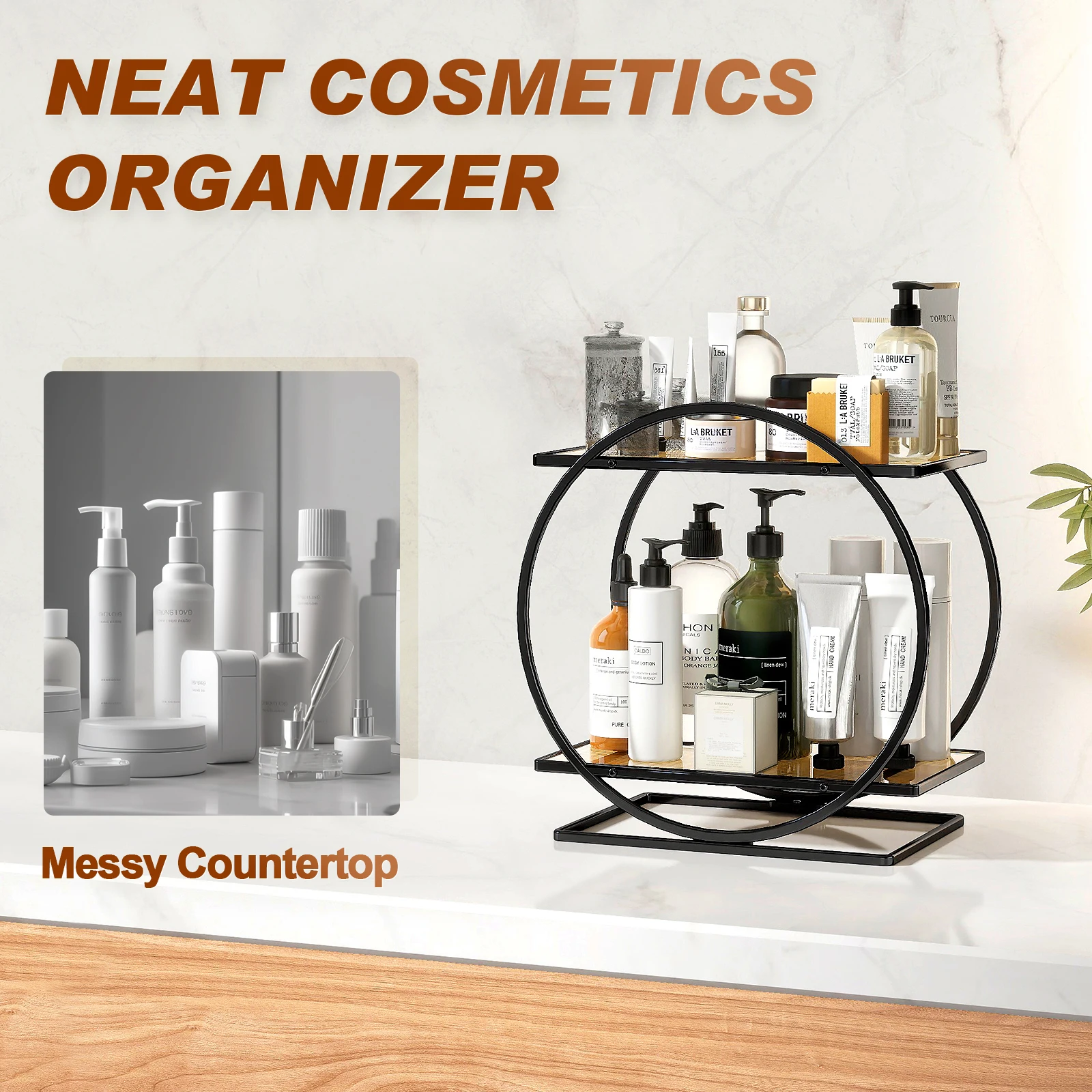 Makeup Organizer for Vanity, Black Gold Perfume Organizer for Dresser- 2 Tier Skincare Organizers Bathroom Countertop Organizer,