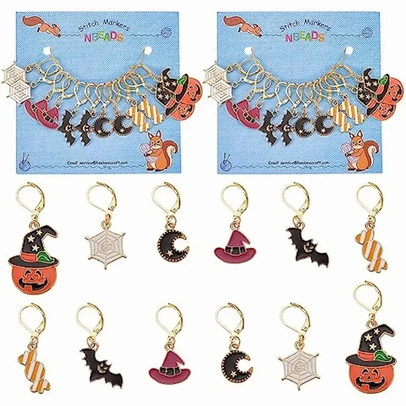 24 Pcs Halloween Theme Stitch Markers Alloy Enamel Charms Removable 304 Stainless Steel Lobster Claw Clasp Locking Stitch Marker