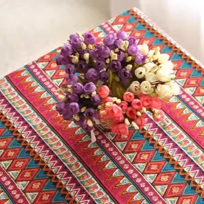 1pc Bohemian geometric print tablecloth with off-white trim, rectangular tablecloth for home decoration
