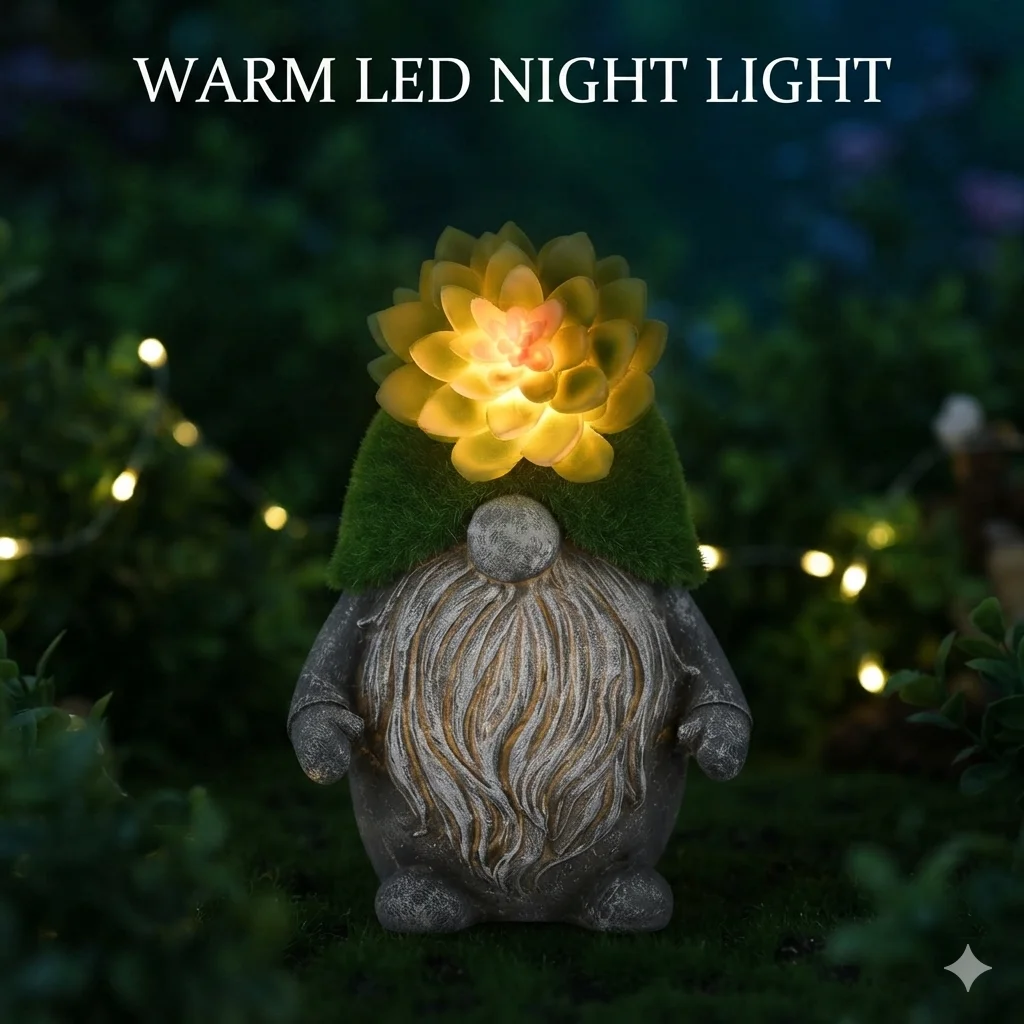 Solar LED Garden Gnome Statue, Resin Flocked Hat Succulent Planter, Outdoor Lawn Yard Decoration Figurine, Ornament Gift Home De