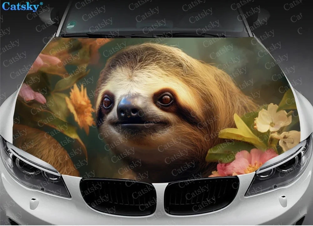 Cute Sloth Hanging On Tree Car Hood Vinyl Stickers Wrap Vinyl Film Engine Cover Decals on Auto Accessories Decoration Protect