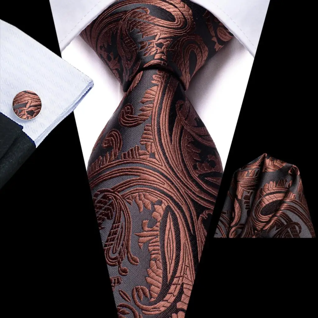 Paisley Brown Black Silk Wedding Tie For Men Handky Cufflink Gift Mens Necktie Fashion Business Party Dropshiping Hi-Tie Design