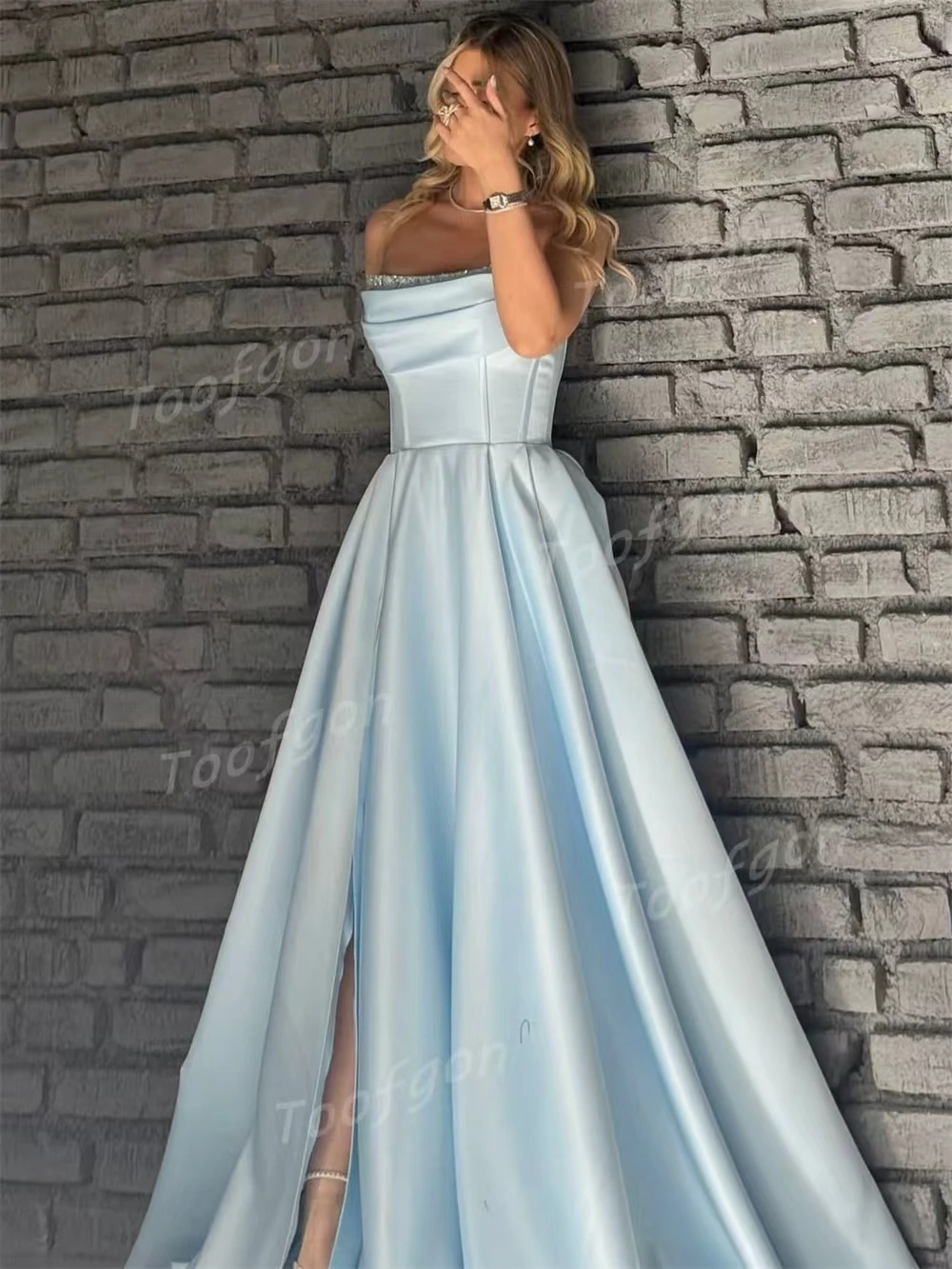 Toofgon Sky Blue Beadings Satin Evening Dresses Draped A Line Customized Corset Back High Slit Party Dress Red Carpet Prom Gown - view 2
