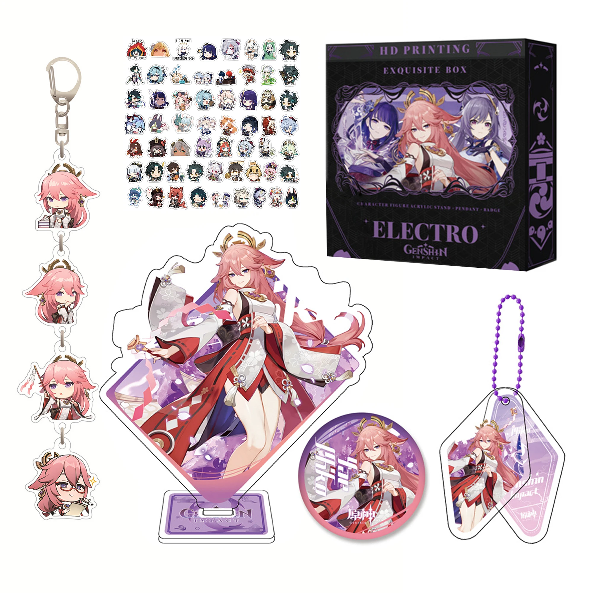 Game Anime Genshin Impact Stickers,Keychain,Pendant,Badge and Acrylic Stand Figure,Kawaii Genshin High Definition Gift Box Set