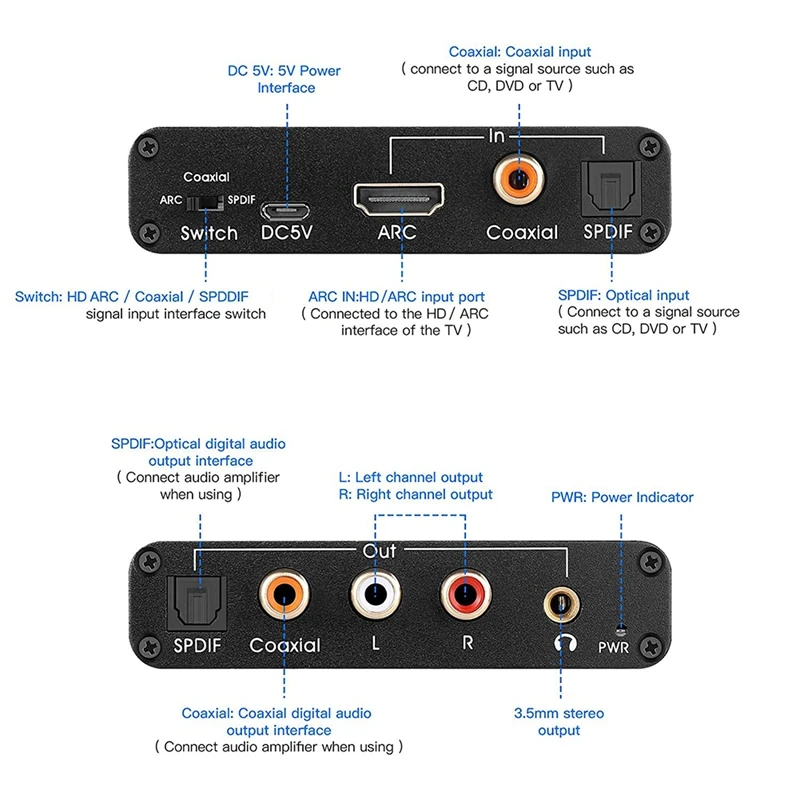 DAC Audio Converter ARC Audio Extractor -Compatible Optical SPDIF Coaxial To Analog 3.5Mm Digital To Analog