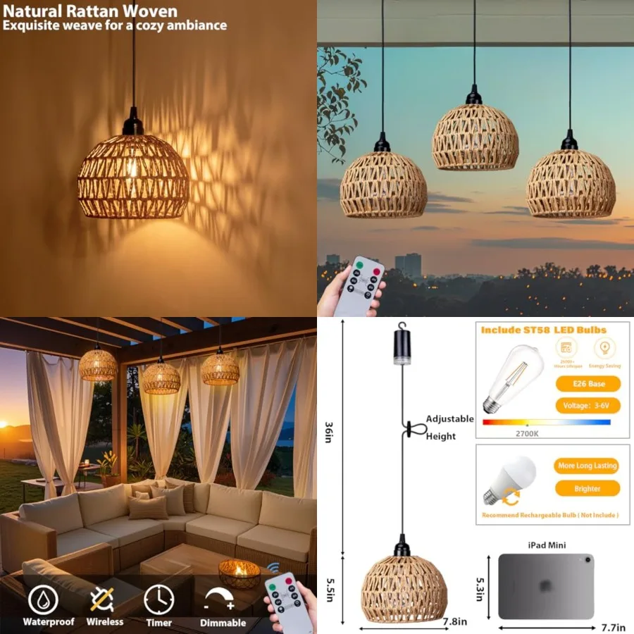 Battery Operated Hanging Outdoor Chandelier, Battery Power Pendant Light, Gazebo Lights Outdoor Waterproof, for Gazebo, Pergola
