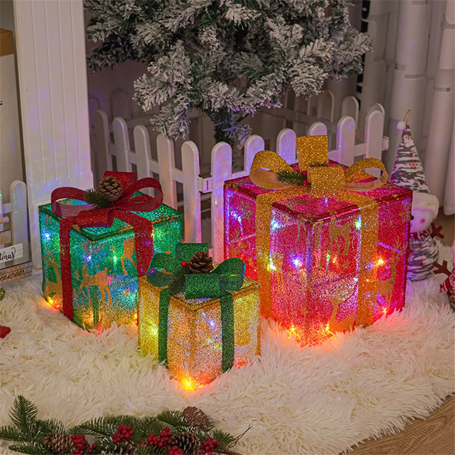 3pcs/Set Christmas Luminous Gift Box Remote Control Fairy Lights for Lighted Up Christmas Tree Holiday Party Wedding Decoration