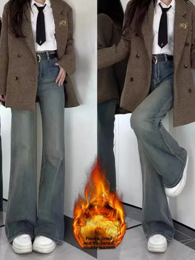 

Большие размеры Fce Lined Thiened Micro Flared Джинсы женские зимние с высокой талией для похудения эластичные прямые брюки с широкими штанинами...