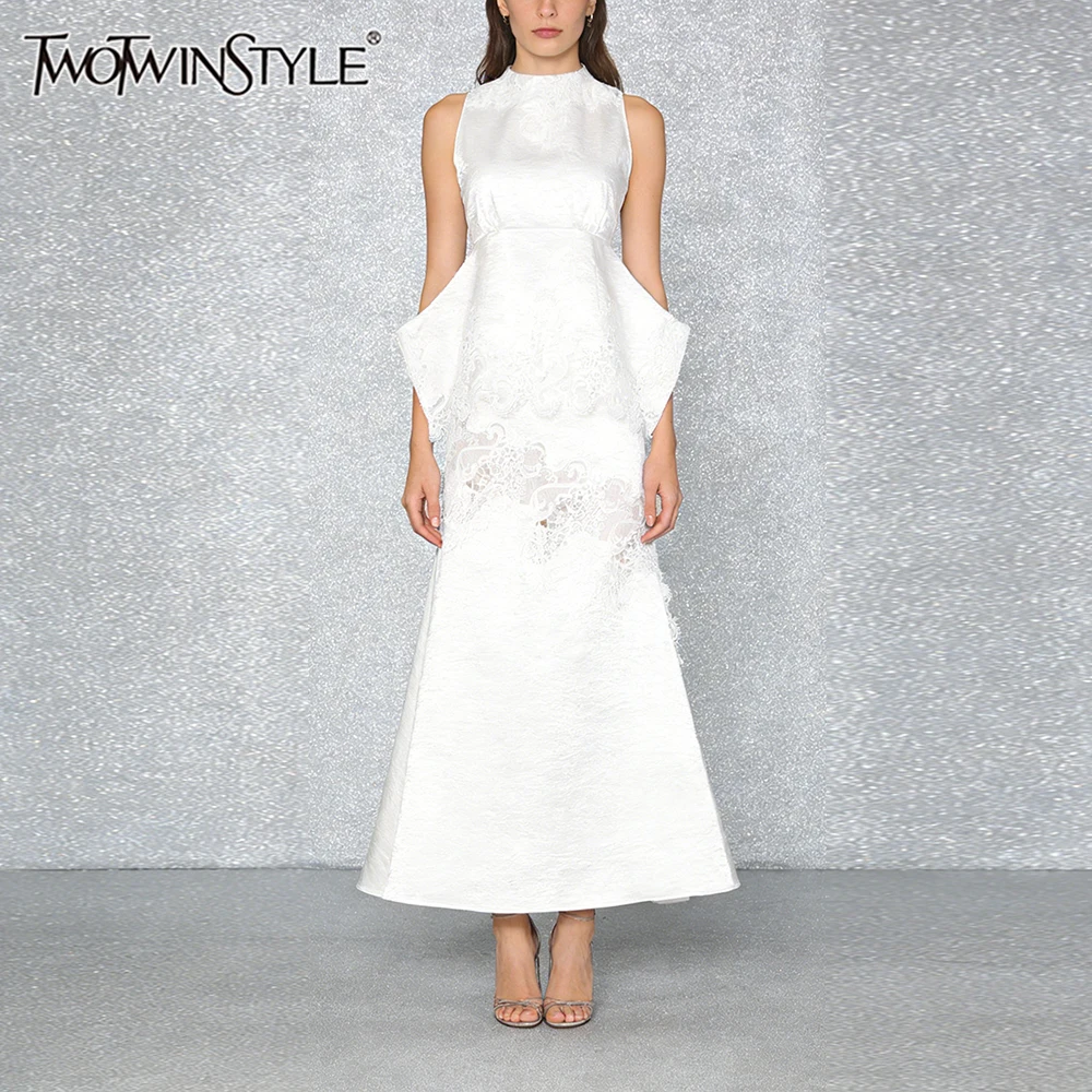 

TWOTWINSTYLE однотонные кружевные комплекты из двух предметов для женщин, туника без рукавов с круглым вырезом, топ с высокой талией, длинная юбка, элегантный женский комплект