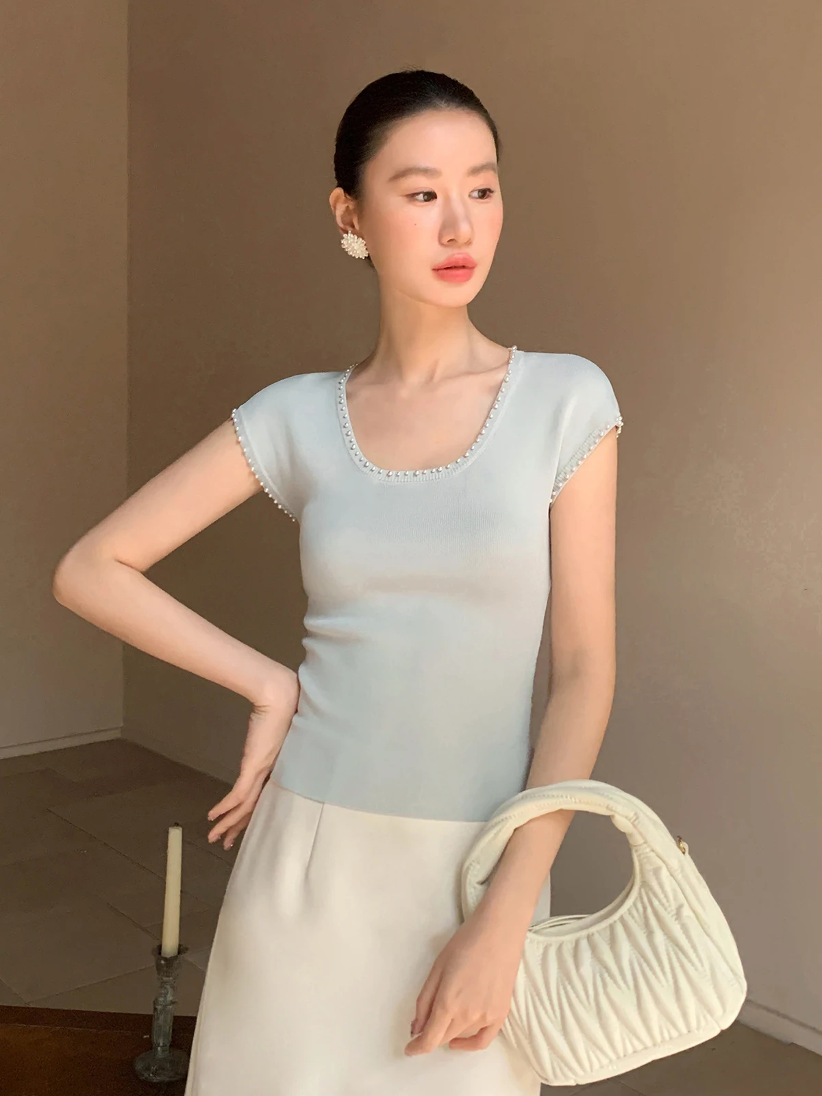 

XXNING Tee-Color Knitted Svel One-Piece oulder Design Simple Sle Women's Faion ort Sve round Ne Pullover