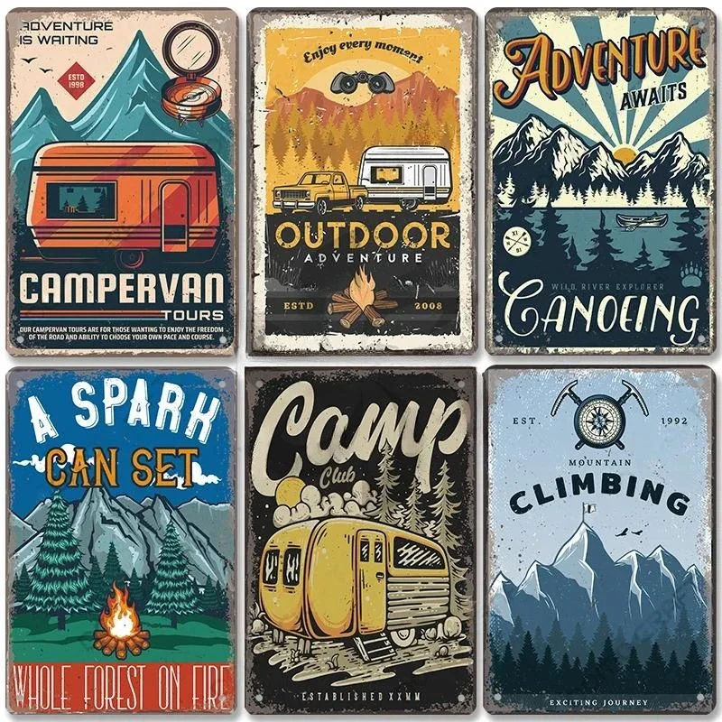 Placas de aventura para acampada, carteles de chapa de Metal vintage, viaje de montaña, tienda de campaña, habitación, gimnasio, carteles, decoración de pared, viaje