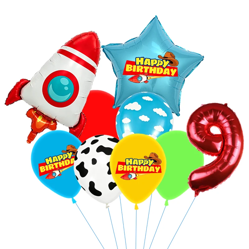 Rote, gelbe und grüne Spielzeugballons, hellblaue Ballons mit Wolken- und Kuhmuster für die Dekorationen zu Babystory- und Cowboy-Partys – Detail 19