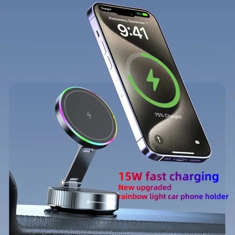 Supporto per ventosa per vuoto di raffreddamento Supporto per telefono per caricabatterie wireless per auto magnetico potente RGB per iPhone 16 15 14 13 12 Ricarica rapida