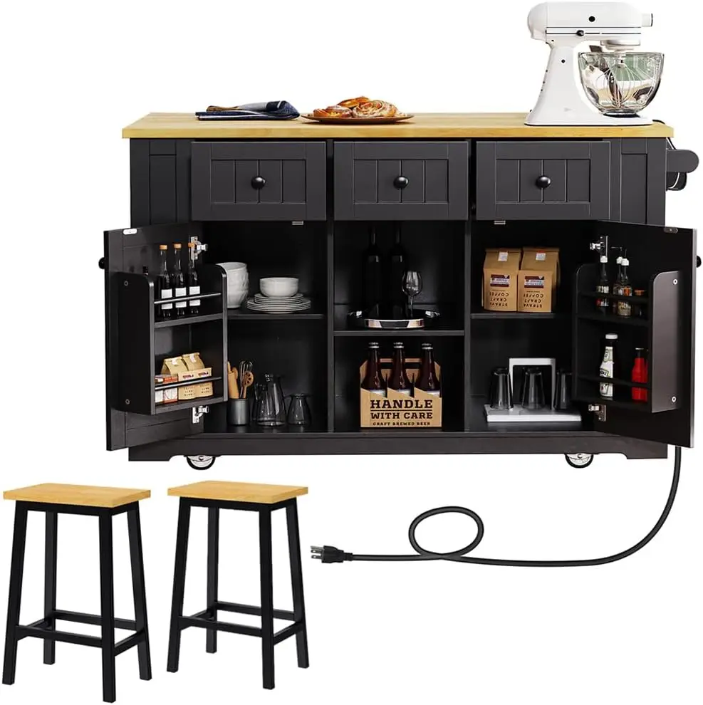 Rolling Kitchen Island on Wheels with Drop Leaf and Seating, Wide Moblie Kitchen Island with Storage Cabinets and Power Outlet