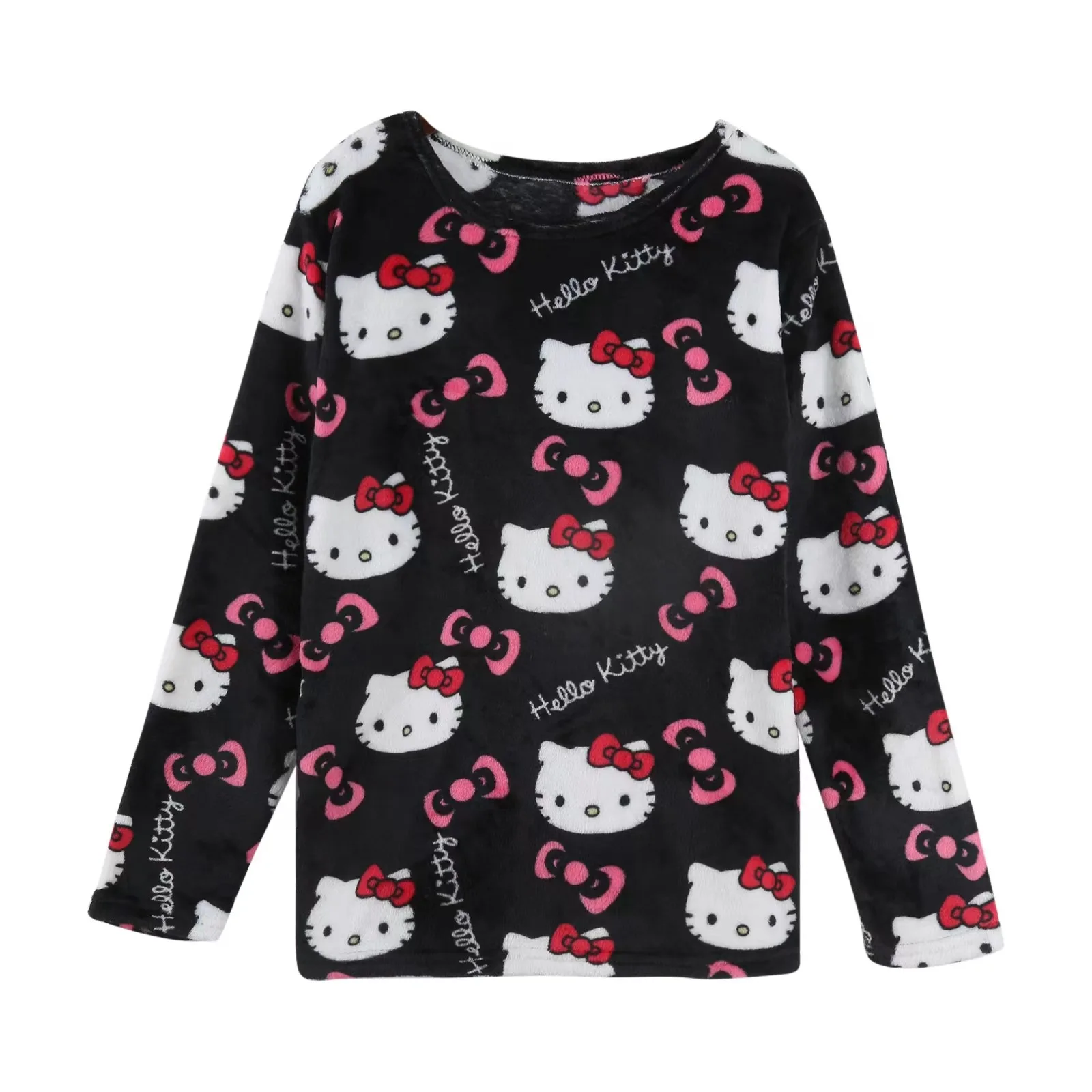 Sanrio Hello Kitty Printed Long Sleeved Pajamas Thick Coral Fleece Autumn and Winter Homewear Casual Flannel Top Women Gift