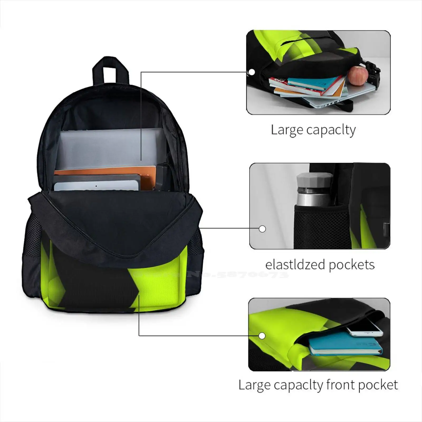 Lime And Black Material Pattern Backpacks For School Teenagers Girls Travel Bags Lime And Black Material Pattern Geometric