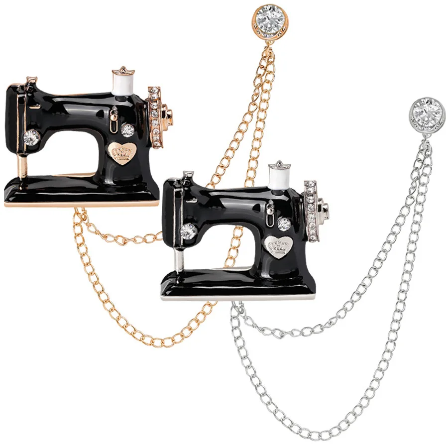 New Fashion Rhinestone Enamel Sewing Machine Brooch Tassel Chain Corsage Lapel Pins for Women and Men Accessories